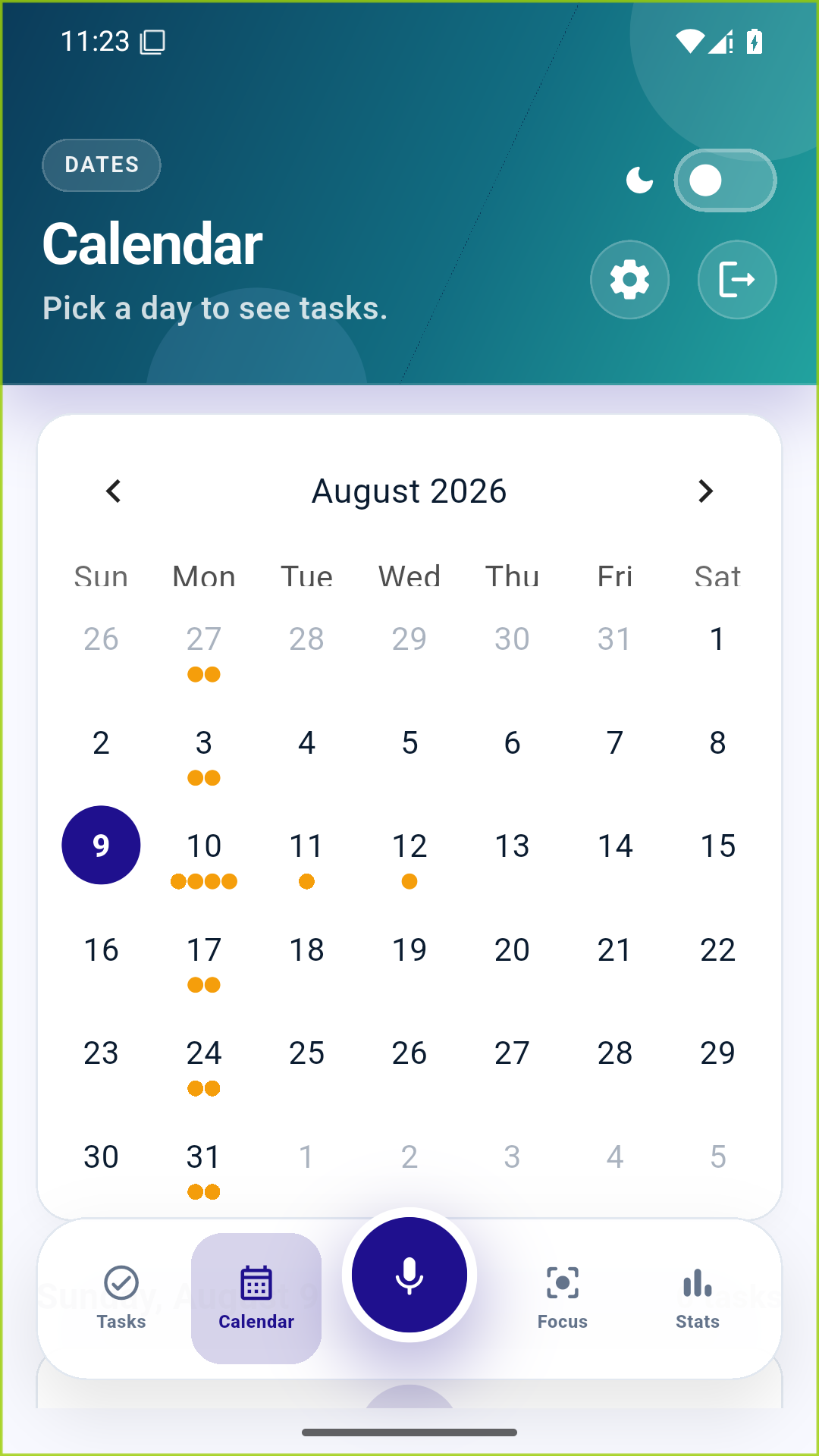 NextCue calendar showing tasks across the month