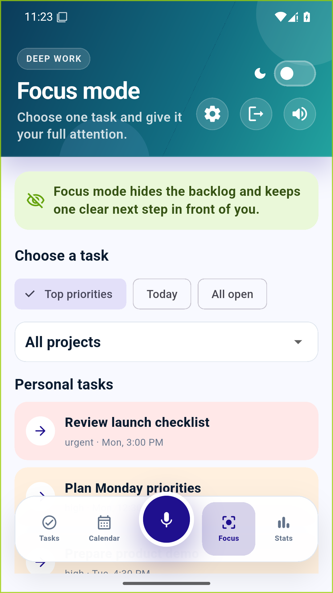 NextCue focus mode task selection screen