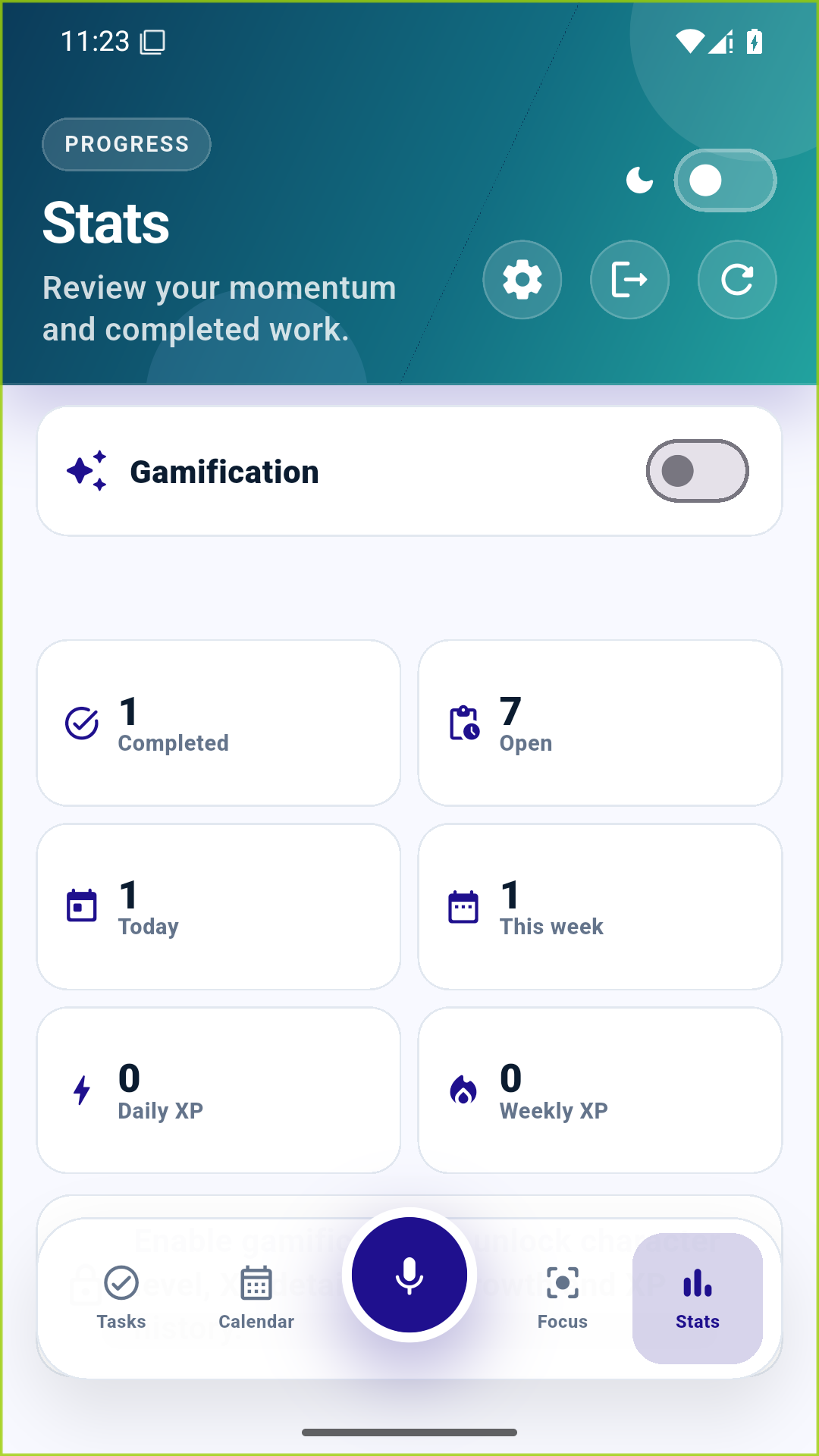 NextCue progress screen with task completion statistics