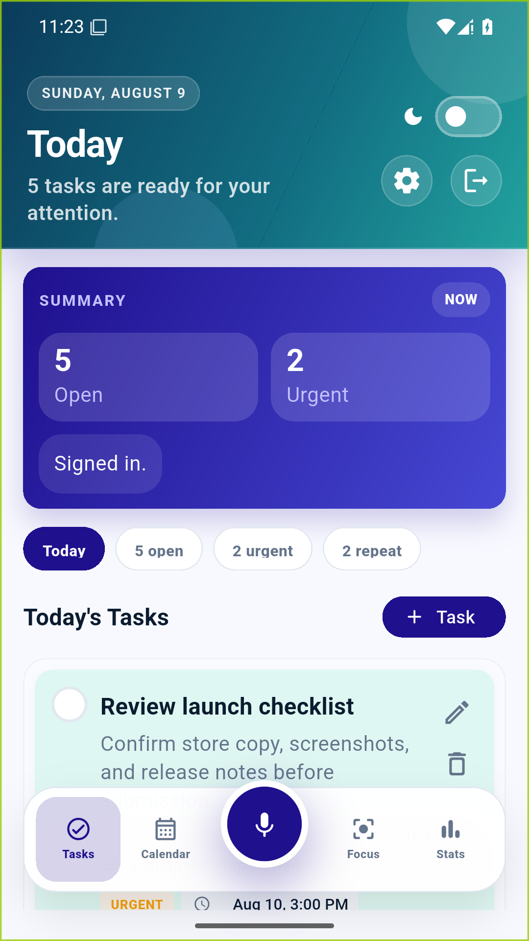 NextCue tasks screen showing today's work